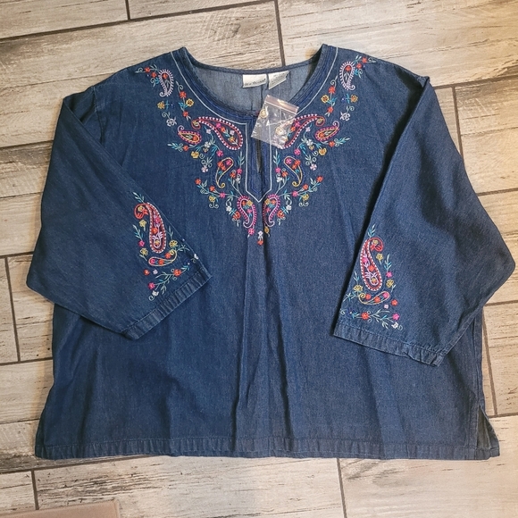 Womens 3X Lightweight Denim Embroidered Paisley Floral Pop-over Blouse Top Boho - Picture 7 of 13